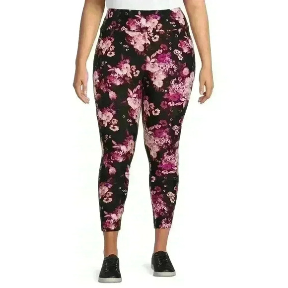Terra & Sky Womens Plus Fitted Leggings Size 2X High Rise Berry Floral Print - Picture 9 of 10